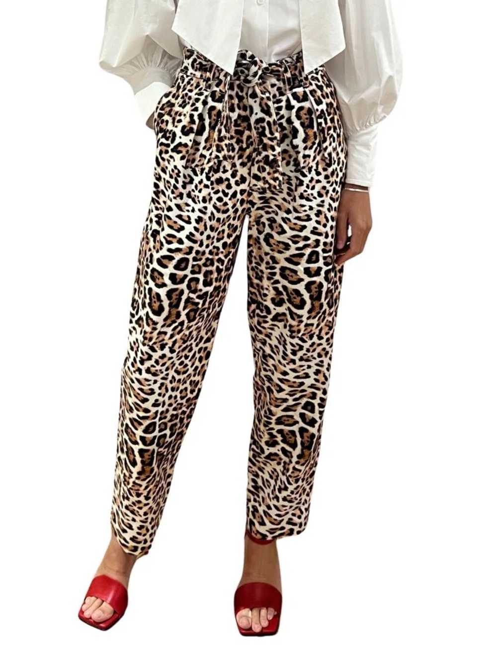 HUNTER BELL Leopard-Print Wide Leg Tie Waist Pants - Brown, Black, Cream